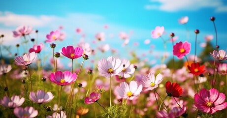 Obraz na płótnie Canvas An illustration of multicolored cosmos flowers in a meadow during spring or summer, against a blue sky in nature with selective soft focus. Made with Generative AI technology