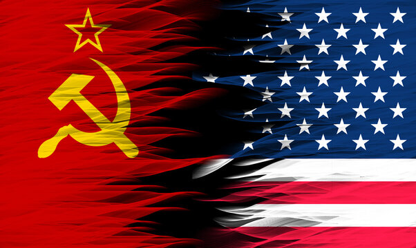 The Cold War. Flag of the Soviet Union (1922-1991). Flag of the United States (50 stars), 3d illustration