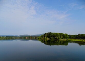 Europe , France ,  Alsace , dam , lake and village of Michelbach in the High Rhine