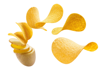 Flying delicious potato chips cut out