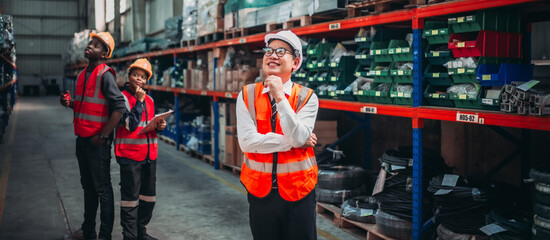 Naklejka premium Shot of warehouse members collaborate daily to audit, examine inventory shipments. They organize and monitor storage, update checklists, and communicate effectively to ensure efficient distribution.