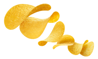 Flying delicious potato chips cut out