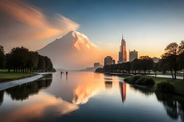 Naklejka premium sunrise over the river generative in ai technology