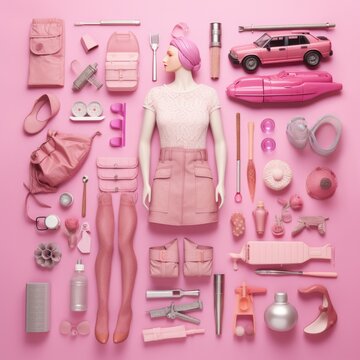 Plastic toy dolls, make-up, girly fashion flat lay. Pastel pink, barbie core ai generated image.