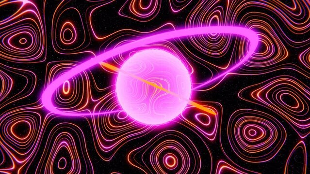 Abstract neon fantasy planet with orange and pink hoops. Lines and waves texture. Disco groove y2k retro background. Bright colours. Seamless loop animation. 3D 4K 30 fps