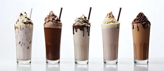 an assortment of drink in small cups with milk and chocolate syrup Generated by AI - obrazy, fototapety, plakaty