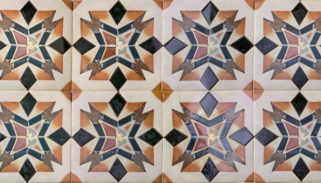 geometric tiles derived from the octagram 8 pointed star) form a ‘jigsaw’ puzzle. typical of the ceramic cut tile pieces used in mosaics, wallpaper, background, AI Generated