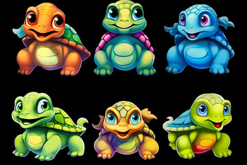 A group of cartoon turtles sitting next to each other. Generative AI.