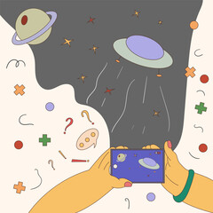 hands hold the phone and take a video of a UFO flying at night in space, a flat color contour drawing in the corporate Memphis style