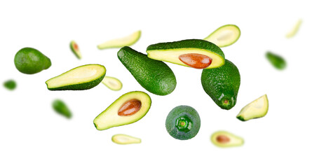 Excellent set of avocados. Whole, halves and quarters of avocado flying and levitate in space isolated on white background. Excellent retouching and high resolution