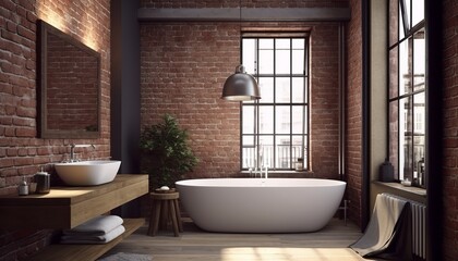 Fototapeta na wymiar rustic bathroom with a brick wall and a freestanding bathtub
