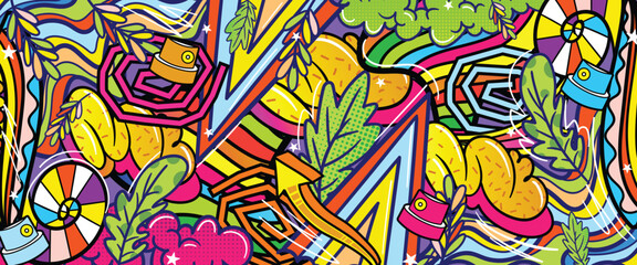 Graffiti doodle art background with vibrant colors hand-drawn style. Street art graffiti urban theme for prints, banners, and textiles in vector format © Themeaseven