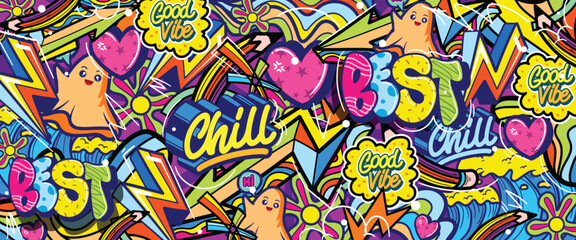 Graffiti doodle art background with vibrant colors hand-drawn style. Street art graffiti urban theme for prints, banners, and textiles in vector format © Themeaseven