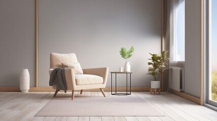 Interior of living room with coffee table and white beige fabric armchair, with an empty wall. Generative AI