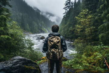 Facing a sudden rainstorm during a hike, a stoic adventurer embraces the unexpected, finding beauty in the raindrops and enjoying the solitude of the moment. Generative AI
