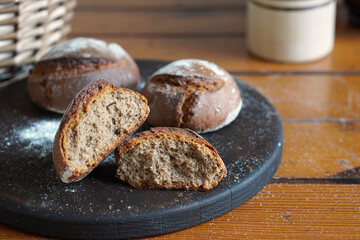 Homemade rye bread. Buns on the kitchen table