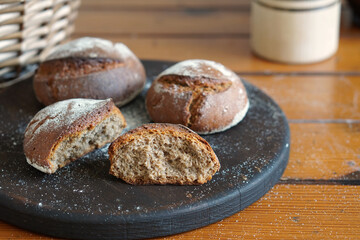 Homemade rye bread. Buns on the kitchen table