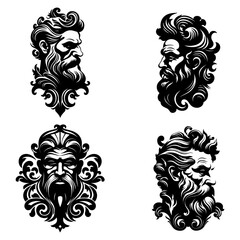 Antique Vector Faces of Bearded Men, set, black, transparent