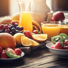 healthy breakfast with fruit juice and fruits