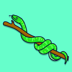 vector illustration of a snake coiled on a tree trunk with a cartoon concept for kids. suitable as icon, sticker, wallpaper, etc.