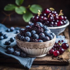 blueberries in a bowl on wooden table