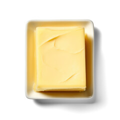 Butter on a little white plate, isolated, top view, Transparent