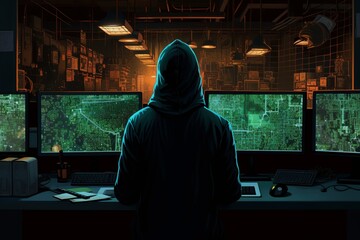 Hooded Hacker Surrounded by Monitors. Generative AI.