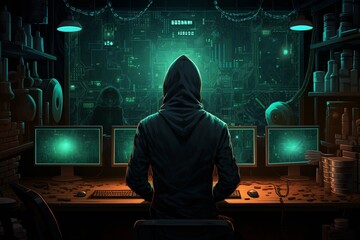 Hooded Hacker Surrounded by Monitors. Generative AI.