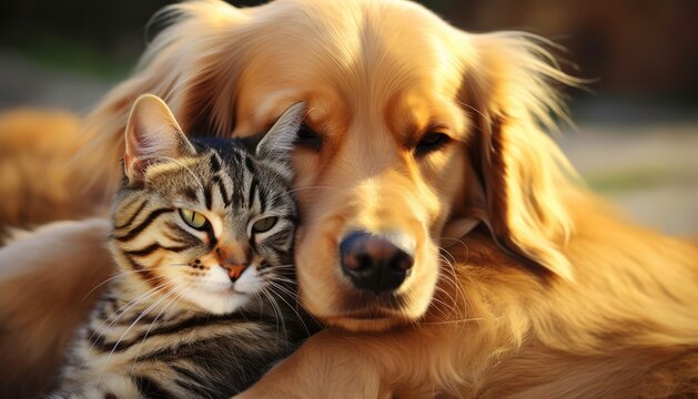 Close Up, Cat And Dog Together Lying. Animals Friendship