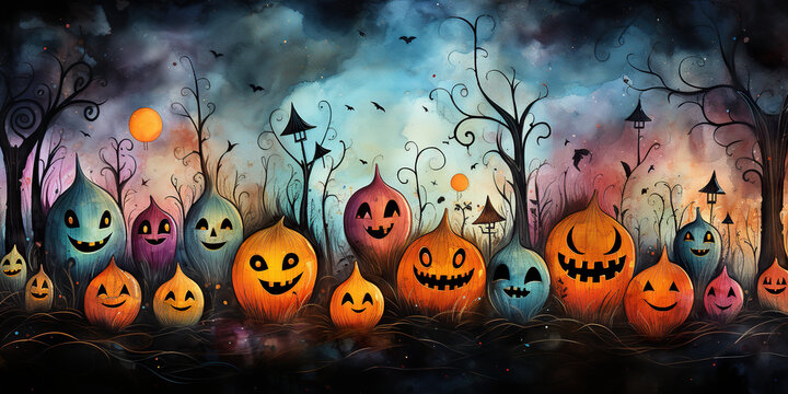 A painting of a group of pumpkins in a forest. Generative AI. Cute Halloween background.