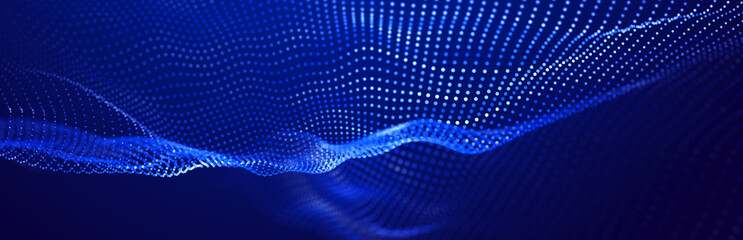 Wave of streaming particles on a light blue background. Abstract background with dynamic elements of waves and dots. 3d