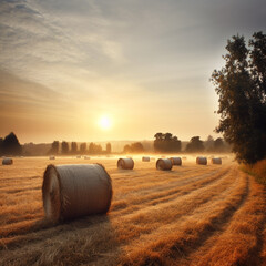 hay bales in a field at sunset