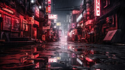 Neon-lit Cyberpunk Cityscape: Futuristic Japanese Metropolis in the Rain. Generative AI.