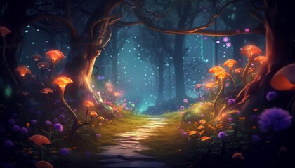 Fototapeta na wymiar Fantasy fairy tale background with forest and blooming path. Fabulous fairytale outdoor garden and moonlight background