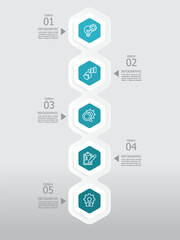 vertical round hexagon steps timeline infographic element report background with business line icon 5 steps
