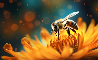 Bee collecting pollen at yellow flower. Bee flying over the orange flower in blur background. Generative AI.