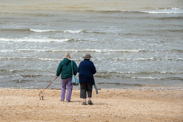 Senior adult woman walking on the beach with dog. Retirement friendship  concept. Active elderly lifestyle
