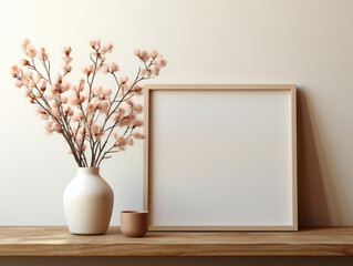 Fototapeta na wymiar Mockup frame in home interior background beige room, Mockups Design 3D, High-quality Mockups, Generative Ai
