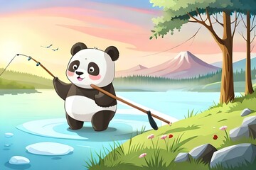 panda catching  fish 
