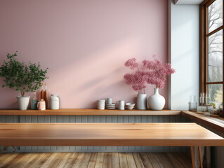 Mock up poster frame in pastel pink kitchen interior, Mockups Design 3D, High-quality Mockups, Generative Ai