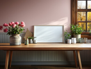 Mock up poster frame in pastel pink kitchen interior, Mockups Design 3D, High-quality Mockups, Generative Ai