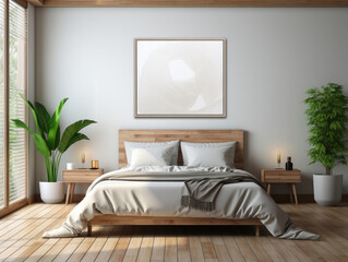 Mock-up poster frame in bedroom Scandinavian style, Mockups Design 3D, High-quality Mockups, Generative Ai