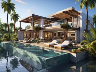 Fototapeta premium Tropical Summer Luxury Villa With Swimming, Mockups Design 3D, High-quality Mockups, Generative Ai