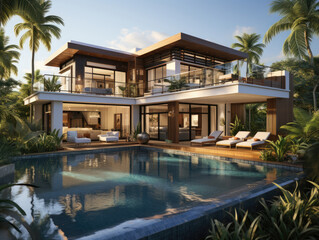 Obraz na płótnie Canvas Tropical Summer Luxury Villa With Swimming, Mockups Design 3D, High-quality Mockups, Generative Ai