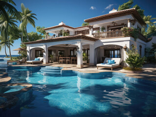 Fototapeta premium Tropical Summer Luxury Villa With Swimming, Mockups Design 3D, High-quality Mockups, Generative Ai