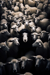 Fototapeta premium Black sheep standing out of crowd/flock of white sheep, emphasizing uniqueness, ingenuity, creativity. Generative AI. 