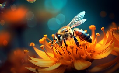 Bee and flower. Close up of a large striped bee collects honey on a orange flower on a Sunny bright day. Macro horizontal photography. Summer and spring backgrounds. Generative AI.