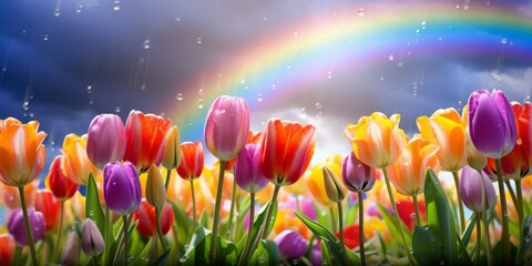 Fototapeta premium A mesmerizing kaleidoscope of tulips dances in a rainbow garden, blessed by a gentle rain shower, Generative AI.