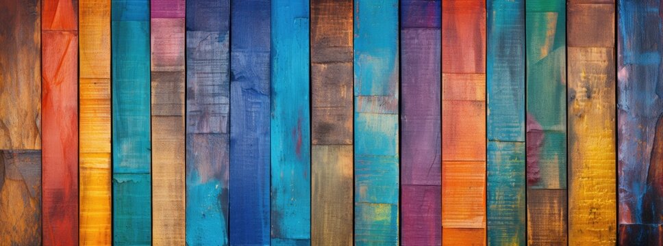 Grungy colorful wood strips. Wooden wall or floor of color full wood planks. Colorful spectrum of wood background. Hand edited generative AI. 