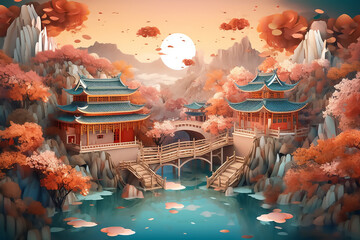 Obraz premium Chinese and Japanese culture origami paper art background